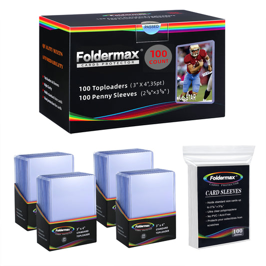 Foldermax 100 Top Loaders 3x4 Regular 35pt Toploader Card Holder and 100 Penny Sleeves Soft Card Protectors Bundle for Trading Cards ,Baseball Cards,Sports Cards, MTG