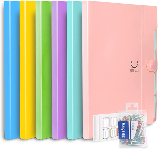 6 Pack Plastic Expanding File Folder 5 Pocket,Accordion Document Organizer,A4 Letter Size,with 80Pcs Colored Paper Clip and 48Pcs File Folder Labels for School Office Business Use